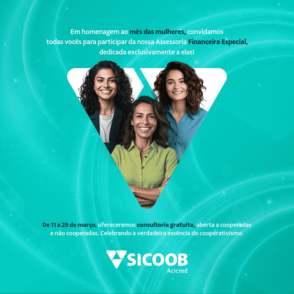 Neste mês de março, celebramos a vida de todas as mulheres e, como forma de cuidado e carinho, a Cooperativa Sicoob Acicred oferece assessoria financeira gratuita para cooperadas e não cooperadas. Do dia 11/03 a 28/03, estaremos realizando atendimentos individuais voltados à consultoria financeira. Se você gostaria de tirar dúvidas, receber materiais de controle orçamentário ou tratar de outras questões, pode se inscrever no link abaixo: https://forms.office.com/Pages/ResponsePage.aspx?id=1PVwe3FV5UeKsxluphg-THR-7WRwg-NMnFfN3EWLv0ZUN0pUV0wwNEdJSE5CVFdYTFcyTzJIQkdHUy4u Após a inscrição, entraremos em contato para atendê-la da melhor maneira possível! A educação financeira é para todos, e estamos aqui para facilitar sua disseminação. Neste mês de março, dedicamos esse espaço a todas as mulheres. 🩷